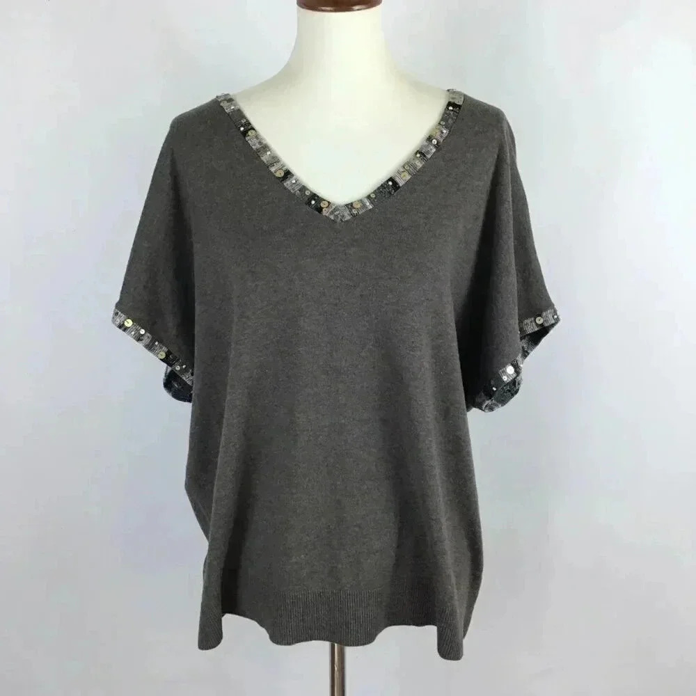 NWT Women's 1X Spring Lightweight Sweater Sequins Beaded CJ Banks V-Neck Gray - Picture 7 of 13